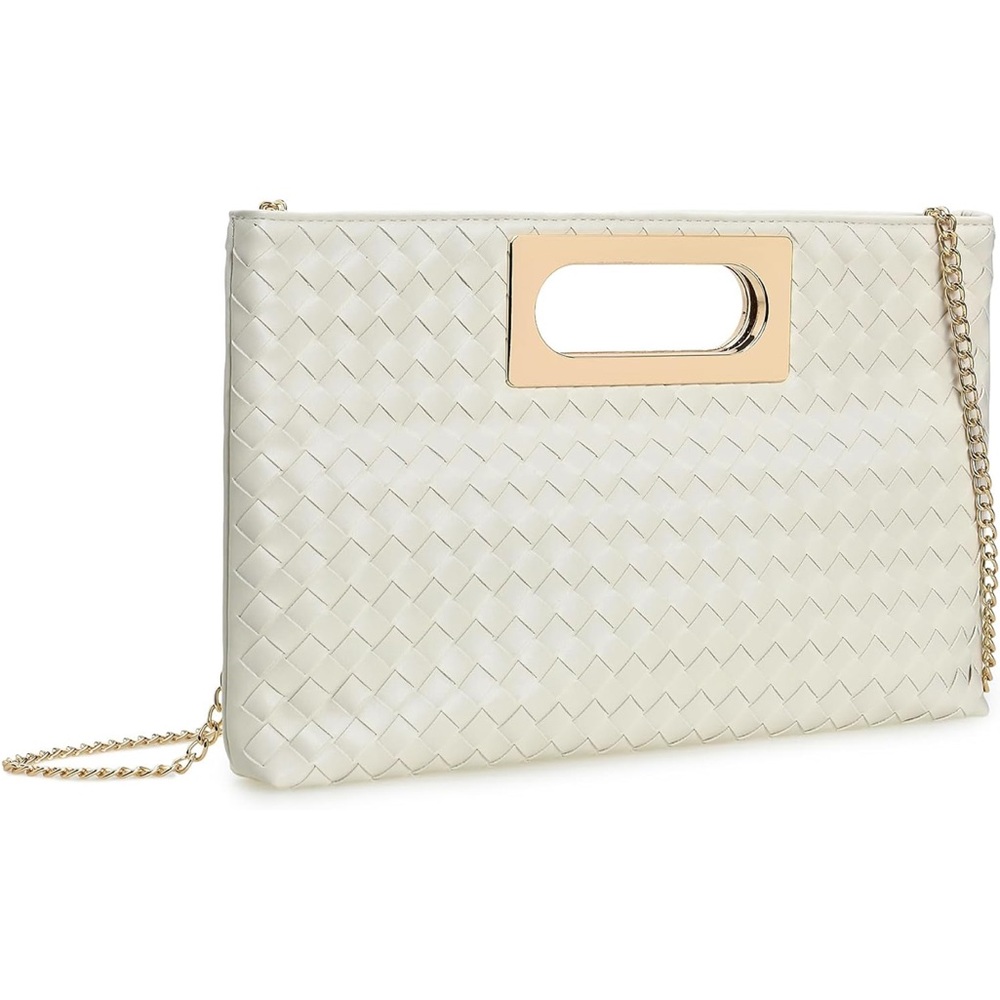 NWT Ixebella ivory Woven Clutch handbag with Gold Chain